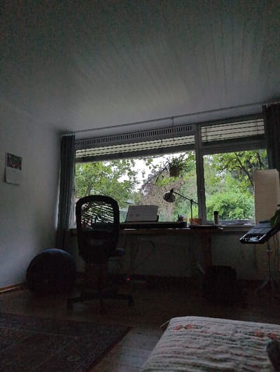 The image shows a room with a window overlooking a tree-filled yard in the city of Lüneburg, Germany. There is a desk with an office chair, a lamp, and a keyboard. There is also a round, dark-colored object near the chair. The room is dimly lit and the window blinds are closed. There is a white, patterned object in the foreground, possibly a blanket or a rug. The view outside the window is predominantly green, with a few darker patches of foliage. The overall scene is one of quiet tranquility and domesticity.