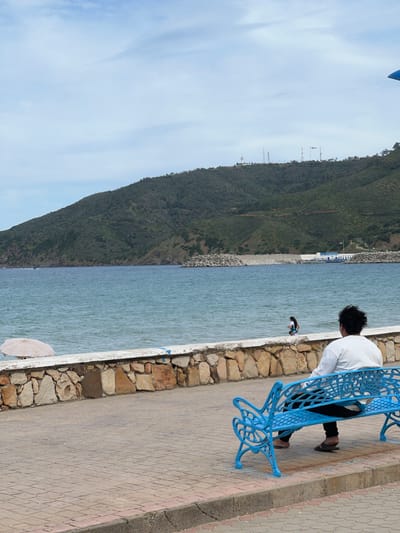 The image shows a scene in M'Diq, Morocco, featuring a man sitting on a blue, ornate metal bench beside the sea. The man is wearing a white shirt and dark pants and appears to be looking down at the water. In the water, there is a person swimming or wading. A stone wall separates the promenade from the water's edge. The promenade is paved with patterned tiles. A green, tree-covered hillside rises up on the opposite side of the water. The sky is partly cloudy.