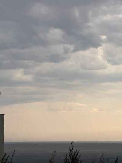 This media file captures a scenic view of a cloudy sky transitioning into a lighter, brighter area towards the horizon. The sky is filled with a variety of clouds, ranging from dark, heavy formations on the left to softer, more diffused ones on the right. The right side of the image features a bright, hazy sky that suggests either a sunrise or sunset.
A body of water is visible on the right side, with the horizon line separating it from the sky. The water appears calm and stretches out into the distance. In the foreground on the far right, some foliage from a tree is visible, with delicate branches and leaves reaching into the frame. A hint of a white structure, possibly a building, is partially visible at the bottom right corner.
Several small, dark specks are scattered across the brighter portion of the sky, which appear to be birds in flight. The overall mood is serene and atmospheric, likely captured during the early morning or late evening. The location is identified as Trap, Montenegro, which provides context for the coastal scenery. There is no visible text in the image.
