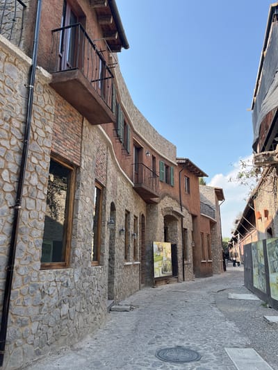 The image depicts an upward view of an unusual building with mixed materials in what appears to be a narrow street. The facade of the building consists of a combination of gray stone, red brick, and painted red-brown sections. There are various windows and architectural features like archways and external staircases. Overhead, glimpses of the sky and roofs of other buildings are visible, suggesting a densely built environment. The paving of the street appears to be stone-cobbled, indicating a historic or traditional setting. The location is Domingo Arenas, Mexico. There are no people or actions visible in the immediate scene. A series of signs and displays are mounted on the wall along the right side of the street.