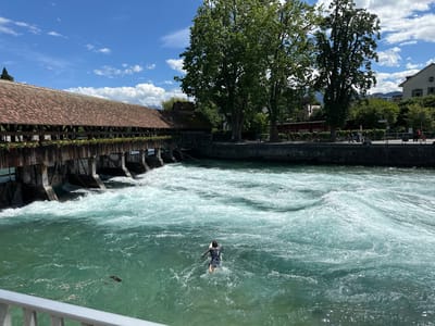 In Thun, Switzerland, a person in a wetsuit is swimming in the turbulent waters of a river, near a historical wooden bridge with a red tiled roof and flower boxes. The river's surface is agitated, with whitecaps and swirling currents, suggesting a strong flow. The person is positioned in the center of the frame, facing away from the camera, appearing to be swimming or wading through the rapids.

The scene is set under a bright, sunny sky with scattered white clouds. Large, leafy trees flank the scene, with one prominent tree on the right side casting a shadow. In the background, buildings and hints of mountains suggest an urban or semi-urban environment within a scenic natural landscape. The wooden bridge, a significant architectural feature, spans the river, with its weathered structure and tiled roof conveying a sense of age and history. A railing is visible in the foreground, indicating the viewpoint is from a walkway or bridge. The time of day appears to be midday, given the bright sunlight and clear sky. The overall mood is one of activity and adventure, with the person engaging with the powerful natural element of the river. No visible text is present in the image.