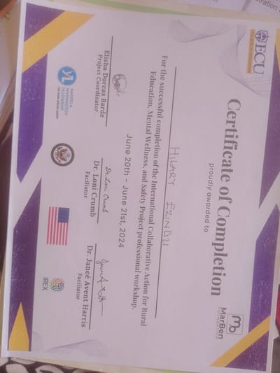 The image shows a certificate of completion for a workshop. The certificate is for "Hilary Ezindu" and was awarded for the "successful completion of the International Collaborative Action for Rural Education, Mental Wellness, and Safety Project professional workshop." The workshop took place from June 20th to June 21st, 2024.

The certificate features several logos, including one from the ECU College of Education, the Mandela Washington Fellowship for Young African Leaders, and IREX. It is signed by "Dr. Loni Crumb" and "Dr. Janeé Avent Harris" as facilitators, and also by "Elisah Dorcas Barde" as Project Coordinator. The certificate is printed on white paper and has a purple and yellow border.

There is no visible information in the image indicating the location is the city of Magajin Gari, Nigeria. The image is a close-up of the certificate itself, and the surrounding environment is not visible.