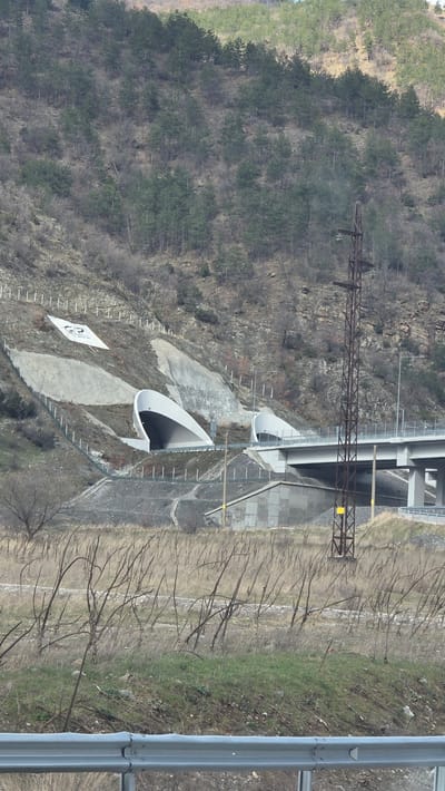 The scene, located in Jeleznitsa, Bulgaria, depicts a mountainous landscape integrating modern infrastructure under diffuse daylight conditions. A steep mountain slope, heavily forested with coniferous trees on its upper sections, dominates the background. On the lower, engineered portion of the slope, concrete retaining walls and terracing are visible, secured by multiple lines of wire fencing. A large white banner, displaying a black "GP" logo and "G. P. Group" text, is affixed to the upper left section of the concrete slope. Below this, two white concrete tunnel portals, distinguished by their flared, curvilinear designs, are constructed into the hillside, presumably for road traffic. To the right of the tunnels, a multi-span grey concrete highway overpass extends horizontally, supported by concrete piers. A small, rectangular grey concrete building is situated beneath the overpass. A tall, rusted brown metal lattice-structure power transmission tower stands in the right-midground. The immediate foreground consists of a field of dry, light-brown reedy vegetation interspersed with patches of green grass, partially obscured at the bottom by a grey metal road barrier. No individuals, vehicles, or specific actions are observed within the frame.