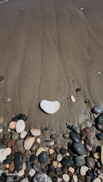 The image displays a high-angle, close-up view of a pebbly and sandy beach at the water's edge in Erdemli, Turkey. The upper half of the frame consists of light brown, damp sand exhibiting subtle ripple patterns from receding water. Minimal white foam is visible along the top edge, indicating the maximum reach of the tide. Below this, the sand transitions to a darker, wetter consistency.
A single, smooth, white stone, irregularly shaped and approximately heart-like, rests centrally on the damp sand in the lower-middle section; its right side shows a slight tan stain. The bottom third of the image is densely populated with various-sized, water-saturated pebbles. These pebbles are diverse in color, including shades of black, dark grey, white, cream, tan, and reddish-brown, with many appearing shiny due to wetness. Some pebbles exhibit distinct patterns, such as a grey stone with white stripes located in the bottom right corner. No human figures or activities are present. The text "Galaxy S22" is visible in white lettering in the bottom-left corner of the image.