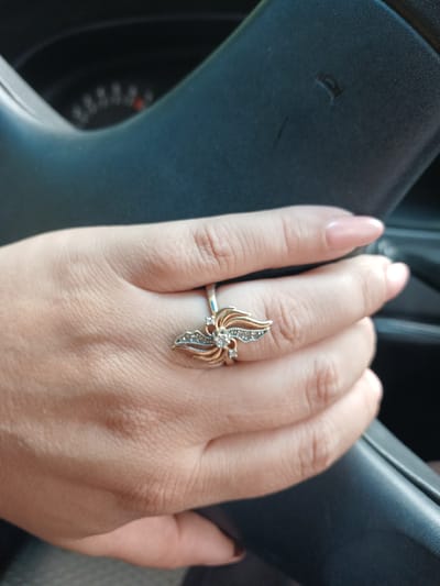 A person's hand, adorned with a gold and silver ring featuring small diamonds and a pink-toned manicure, rests on the steering wheel of a vehicle. The background shows a blurred car dashboard, suggesting the image was taken inside the car. The scene appears to be in a rural setting, possibly in the Oytal rural district of Kazakhstan, judging by the information provided.