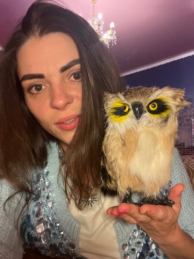 A woman with long, dark hair and brown eyes is holding a taxidermied owl with yellow markings around its eyes on her palm. She is wearing a light blue sweater adorned with rhinestones. The background appears to be an indoor setting with a purple ceiling and a dark blue wall featuring a cityscape design. A chandelier is visible in the upper part of the image. There are no indications that this image was taken in Krasnoe-na-Volge, Russia.