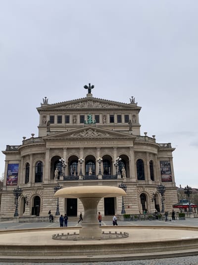 The image shows the Frankfurt Opera House (Opernhaus) located in Frankfurt am Main, Germany. The coordinates 50.115, 8.671 correspond to a location in front of the opera house.
The opera house is a large, ornate building with a classical design. There is a fountain in the foreground, and a few people are walking around in the square in front of the opera house. The sky is overcast and gray. The opera house is made of stone and has a large number of windows. There are a few statues on the front of the building. The fountain is made of stone and has a large, flat top. The people are dressed in casual clothing.