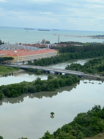 The image, captured from an elevated viewpoint in Malacca City, Malaysia, presents a coastal landscape dominated by a wide, placid river meeting the expansive sea under an overcast sky. In the foreground, the muddy, gray-green water of the river meanders through lush mangrove forests, with dense foliage lining its banks. A modern, multi-lane bridge, constructed of concrete and asphalt, spans the river, with a few vehicles visible on its surface. The bridge connects to a paved road that runs along the riverbank, flanked by trees and greenery.

Beyond the river and its surrounding vegetation, a long, multi-story building with a distinctive bright yellow facade and a red tiled roof stretches horizontally across the mid-ground. This building appears to be a commercial or residential complex, with numerous windows and balconies visible. In front of this complex, a series of smaller, colorful buildings with orange roofs are clustered together.

Further in the distance, the turquoise expanse of the ocean stretches to the horizon. Several large cargo ships are scattered across the water, suggesting a busy shipping route. A long, sandy causeway extends into the sea, possibly part of a land reclamation project, with construction equipment and piles of sand visible on its surface. A tall, slender structure, resembling a minaret or a lighthouse, stands near the causeway. The sky is a soft, hazy blue, with scattered clouds contributing to the diffused lighting of the scene. The overall impression is one of a developing coastal city where urban infrastructure meets natural waterways and the sea.
