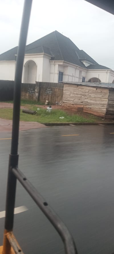 The image shows a street scene in Umuahia, Nigeria on a rainy day. The foreground is blurred, with a metal structure visible. The middle ground shows a street with a yellow line marker. Behind the street, there's a grassy area with a log and some scattered debris. Further back, a building with a black roof and white exterior is visible behind a dark fence. Next to the fence is a small, wooden shack. The writing "PANEL 07030686501" is on the fence.