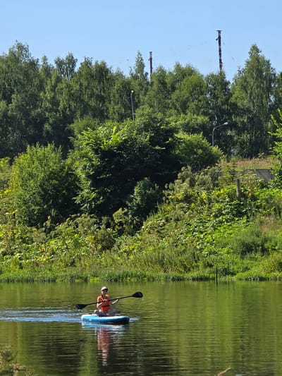 An individual is paddleboarding on a calm body of water, with dense green foliage and trees lining the background. The person is seated on a blue paddleboard, wearing an orange life vest and a visor. They are holding a paddle, with the blade submerged in the water. The water reflects the surrounding greenery and the blue sky. In the distance, several tall metal towers with wires are visible above the tree line. The environment appears to be a natural setting, possibly a park or a nature reserve within or near the city of Voinskaya Chast' Mchs, Russia.