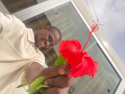 A low-angle, tilted photograph captures an adult male presenting a vibrant red hibiscus flower in Langbasa, Nigeria. The man, positioned on the left, has dark skin, a beard, and is smiling broadly while looking directly at the camera. He wears a light-colored, possibly cream or off-white, polo shirt with a two-button placket. His dark-skinned right hand holds the red hibiscus flower by its green stem and leaves in the foreground. The flower features prominent red petals and a long stamen with yellow pollen sacs extending from its center. The background consists of a modern building with large, reflective glass windows framed by light-colored sills. These windows show clear reflections of a partially cloudy sky and overhead power lines. A bright, partially cloudy sky is visible in the upper right portion of the image.