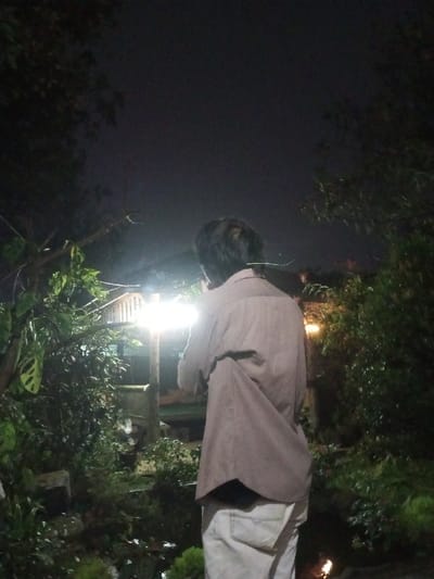 The image portrays a nighttime outdoor scene located in Naya Andura, India. One individual, viewed from the back, stands slightly right of center. This person, an adult, has dark, disheveled hair and wears a light brown or grey long-sleeved collared shirt over light-colored trousers; a rear pocket is visible on the right side of the trousers. A thin, possibly metallic, object or wire extends from the individual's left shoulder area towards the head. The person faces away from the camera, directed towards a brightly illuminated section of the scene.
The environment is characterized by dense, dark green foliage, heavily framing the scene on both the left and right, suggesting a garden or vegetated area. A distinct, large leaf with characteristic cutouts is visible in the lower left foreground. A prominent, intensely bright, horizontal artificial light source, likely a fluorescent fixture, is positioned in the midground, affixed to a vertical wooden pole or structure. This light generates significant glare and illuminates a wooden structure with horizontal planks and a visible roofline, positioned further back. Below the main light source and structure, a reflective surface, consistent with water or damp ground, is present amidst additional vegetation. The sky is dark, indicative of nighttime conditions, with faint, diffuse orange lights discernible in the far background, suggesting distant artificial illumination. The ground surfaces appear damp.