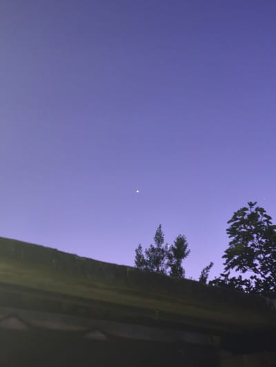 The image depicts a twilight sky over Devnya, Bulgaria, with a clear, gradient of purple and blue hues. In the foreground, a dark, blurred structure, possibly a rooftop or a ledge, runs horizontally across the lower portion of the frame. Above this structure, silhouetted trees with dense foliage rise against the sky. A single, bright star or planet is visible in the upper center of the image. The overall scene is serene and captures the transition from day to night.