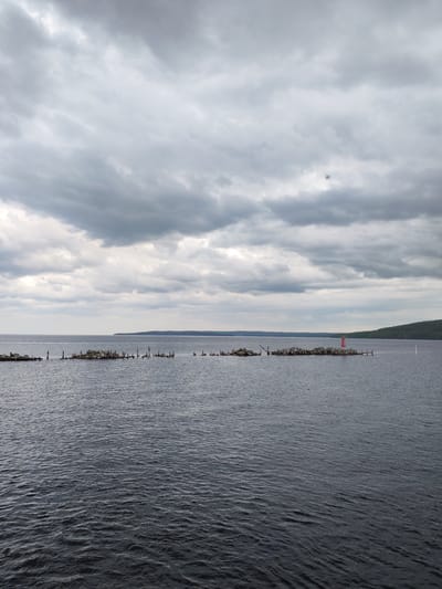 The image presents a wide, horizontal view of a body of water under an expansive, heavily overcast sky. The overall color palette is dominated by dark greys and blues, conveying a subdued atmosphere.

In the mid-ground, a series of scattered, low-lying structures emerge from the water. These appear to be clusters of weathered wooden pilings and rocks, possibly remnants of an old pier or breakwater. Small, dark specks can be seen on these structures, which may be birds. Towards the right side of the frame, among these structures, stands a distinctive small lighthouse or navigational beacon, featuring a striking red and white striped pattern that provides a focal point of color. Further to its right, a thin white pole rises vertically from the water.

The water itself is dark and shows gentle ripples across its surface, reflecting the muted light from the cloudy sky. In the background, a distant, low-lying forested shoreline or range of hills stretches across the horizon, particularly visible on the right side of the image, suggesting the edge of a large lake or bay. The sky is filled with thick, textured grey clouds, indicating an overcast day. A tiny dark speck, potentially a bird, is visible flying in the upper part of the sky.

No people are visible in the scene, and no specific activity is taking place, contributing to a sense of stillness and quiet. The image captures a calm, yet somber, natural landscape on a cloudy day, set in the context of Medvezhyegorsk, Russia. There is no visible text.