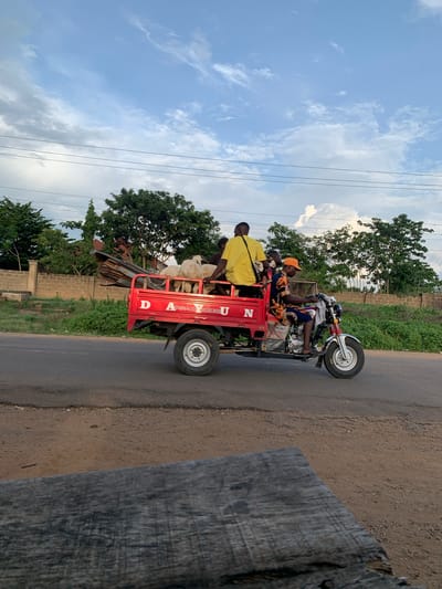 This image captures a red "DAYUN" branded motorized tricycle in motion on an asphalt road in Gbeleko, Nigeria. The vehicle is viewed from a slightly elevated perspective, moving from left to right across the frame. The tricycle's cargo bed is occupied by at least three white-fleeced sheep and several pieces of corrugated metal.
Three adult males are aboard the tricycle. The driver, situated on the motorcycle front, wears an orange cap, a multi-colored patterned shirt, and is barefoot, with his hands on the handlebars. A passenger in a bright yellow t-shirt is seated on the left side of the cargo bed, facing forward. A third individual is partially obscured next to the man in the yellow shirt.
The background features a partially cloudy blue sky traversed by multiple power lines. Below the sky are lush green trees and dense foliage, behind which a concrete block wall is visible. The asphalt road surface appears worn, with a dirt and gravel shoulder to its right. A textured wooden surface occupies the lower foreground, suggesting the photo was taken from an elevated fixed point.