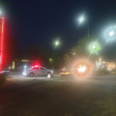 The image depicts a night scene in what appears to be a city, potentially Turkistan, Kazakhstan, based on the prompt. The image is vertically oriented.
**Subjects and Objects:**
* **Police Car:** A police car is parked on the side of what appears to be a sidewalk or street. The car's red and blue emergency lights are active. The vehicle faces forward.
* **Street Lights:** Several streetlights are visible.
* **City Lights:** The background contains other city lights that appear to be from buildings or other structures.
* **Pavement/Sidewalk:** The surface next to the police car appears to be paved.
**Environment:**
* **Nighttime:** The scene is dark.
* **Cityscape:** The image shows a typical urban environment.
**Actions/Interactions:**
* **Police Presence:** The presence of a police car with activated lights suggests an active police response.
**Additional details:**
* There does not appear to be any people present in the scene.
* There is some glare of the streetlights and lights of buildings.
