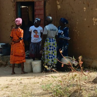 This image depicts a daytime scene in the city of Belnin, Nigeria, showing four adult females gathered outside a building. The structure, made of earth-colored material, forms the background. An open, dark doorway with a reddish-brown wooden frame is visible on the left, with a partially obscured dark figure inside. The ground is dry, light-brown earth with sparse patches of green and dry vegetation.
From left to right:
1. A female, standing with her back to the viewer, wears an orange horizontally striped dress and a pink headscarf. She wears light-colored sandals and has her hands clasped behind her.
2. A female, facing towards the center-right, wears a white t-shirt with a graphic image of a woman's face on the front, a patterned grey and red skirt, and a black and white checkered headscarf.
3. A female, partially turned away with her back towards the viewer, wears a light grey t-shirt with "HAMGAD" printed in dark letters on the upper back. She wears a patterned skirt with blue, green, and black designs on a white background, and a silver-toned headscarf. She appears to be holding a small, light-colored object in her left hand.
4. A female, facing towards the center-left, wears a dark blue patterned dress with white trim on the sleeves and neckline, and a matching dark blue headscarf.
Two white plastic buckets with metal handles are positioned on the ground between the first and second/third females. A dark bag and a light-colored fabric item are visible on the ground near the building wall. A small, dry plant with pink buds is present in the lower right foreground. The individuals appear to be engaged in a social interaction or conversation.