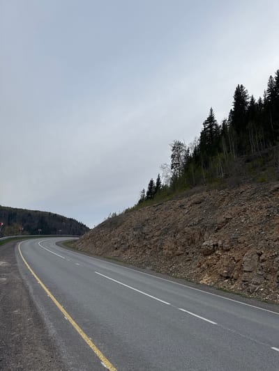 A landscape photograph, presented in a portrait orientation (rotated 90 degrees clockwise from standard landscape), captures a winding road alongside a steep rock face and forested hillside under an overcast sky.
The paved asphalt road occupies the right side of the frame, curving gently downwards (which would be left in a standard orientation) into the distance. It is marked with a continuous yellow line along its outer edge, a solid white line, and a dashed white line. In the distance, along the lower edge of the image, several red-and-white chevron warning signs are visible, indicating the road's curve.
Dominating the central part of the image is a rugged, textured rock face, displaying varying shades of brown and grey, with sparse greenery clinging to its surface. Above this rock face, along the top edge of the image, a dense forest stretches across the ridge. This forest includes dark evergreen trees and some lighter-colored, leafless deciduous trees, suggesting early spring or late autumn.
The upper left portion of the photograph is filled with a uniform, light grey, overcast sky. The scene depicts a mountainous or hilly region, specifically identified as Pavlovka, Russia. There are no people, vehicles, or discernible text visible within the frame, lending a serene and isolated quality to the natural and man-made elements. The image conveys the impression of a scenic route through rugged terrain on a cloudy day.