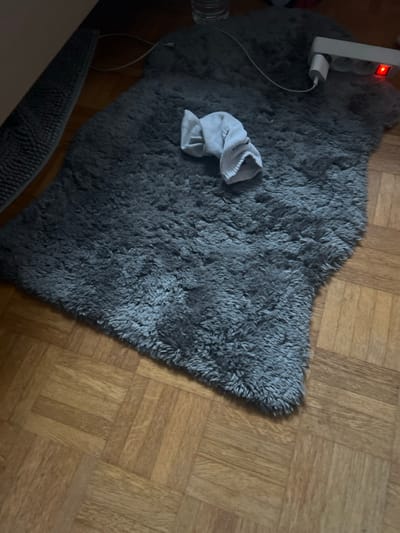 The scene depicts an indoor environment located in Ittenheim, France. A dark gray, irregularly shaped, shag-pile rug lies on a light brown parquet hardwood floor. A single, crumpled, light gray sock rests on the rug towards the upper-left quadrant. In the upper-right area of the rug, a white power strip with multiple outlets is visible, featuring an illuminated red indicator light. A white cable extends from the power strip across the rug. A clear plastic water bottle is partially visible behind the power strip. To the far left, a section of a darker gray, textured mat or rug is partially visible adjacent to the main rug. A light-colored, solid object (likely furniture) is partially visible along the upper-left edge, casting a shadow. No individuals are present. The area is dimly lit.