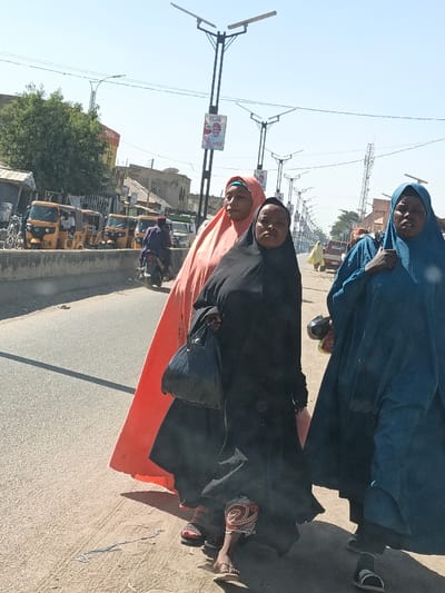 Three women walk along a dusty roadside in Gama, Nigeria, under a clear, bright sky. The central woman, clad in a black hijab and full-length garment, looks directly at the viewer, holding a black plastic bag in her left hand. Visible on her right leg are patterned fabric and sandals. To her left, a woman in a peach-colored hijab and long garment is partially visible, facing forward. To her right, a woman in a teal-blue hijab and long garment also walks forward, holding a small dark object. They are situated to the right of a low concrete barrier.
On the paved road, a person in dark attire rides a motorcycle away from the viewer. Further to the left, beyond the barrier, a row of yellow auto-rickshaws, one bearing the designation "T244," are parked. The street is lined with multiple black poles featuring solar-powered streetlights, some of which display political campaign posters, including one with "ALHAMDU" visible. Commercial structures and a large green tree are present in the background. The scene is illuminated by direct sunlight, casting shadows.