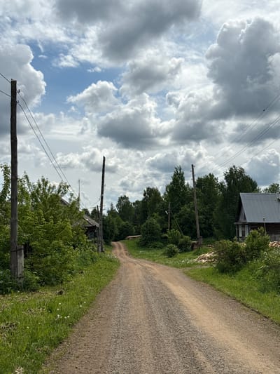 The image depicts a rural scene likely located in Medvedka, Russia. A dirt road stretches into the distance, flanked by green vegetation. Wooden utility poles with power lines run along the roadside. Buildings, likely houses, are visible amidst the trees. The sky is overcast with numerous cumulus clouds. There are no people visible in the frame.