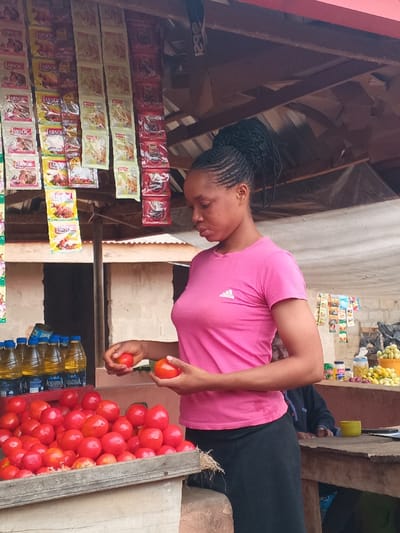 The image captures an outdoor market stall in Omicha Umu Awada, Nigeria. A young adult female, with dark hair styled in cornrows and a high bun, stands centered in the frame, angled slightly right. She wears a pink Adidas t-shirt and a dark skirt, and is holding two red tomatoes, one in each hand, inspecting them. To her immediate left, a wooden crate contains a large pile of red tomatoes. Further left, several clear plastic bottles of cooking oil are visible. Above her, numerous small, colorful sachets of spices are suspended from the rudimentary market stall roof, constructed of wood and tarp. In the background, a partially obscured male figure sits behind a wooden table, on which a green cup rests. Additional produce, including yellow-green items in a white bowl and small onions, is visible on the far right. The background features simple, light-colored masonry walls.