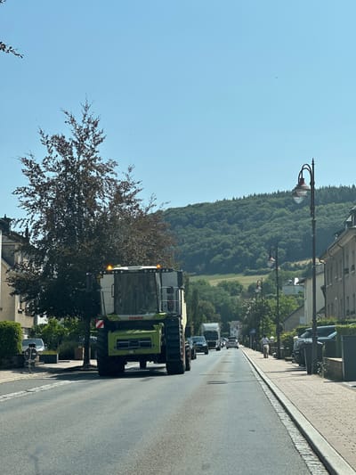 An exterior, eye-level, medium shot captures a combine harvester driving on a street in Diekirch, Luxembourg, on a clear, sunny day. The combine is a green and white Claas Trion. The street is paved and lined with houses and trees. A forested hill is visible in the background. The combine is positioned in the center-left of the frame, moving away from the viewer. The street is also occupied by other vehicles, including a truck, cars, and a person walking a donkey. The sidewalk on the right is paved with cobblestones and features several streetlights. The scene appears to be a quiet residential area.