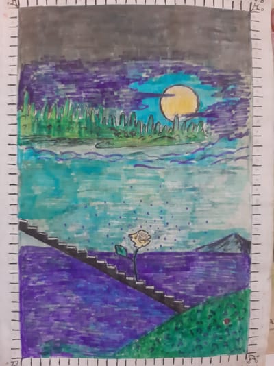 This is a drawing of a surreal landscape. The left side of the image depicts a dark, misty forest with a large, pale yellow moon peeking through the trees. The forest is rendered in shades of purple and dark gray. To the right of the forest, a teal-colored waterfall cascades down, with purple dots scattered across it, resembling falling rain or magical particles.
On the right side of the image, a stylized staircase ascends a purple, triangular mountain. At the top of the stairs, a single yellow rose with green leaves is presented. The mountain is juxtaposed with a vibrant green area on the far right, which could represent a grassy hill or another part of the landscape. The overall scene is dreamlike and fantastical, with no specific activity clearly taking place other than the static depiction of the landscape and the rose. The drawing is framed by a border with tick marks, similar to a ruler, on all sides. There is no visible text in the image. The artwork appears to be done with markers or colored pencils.