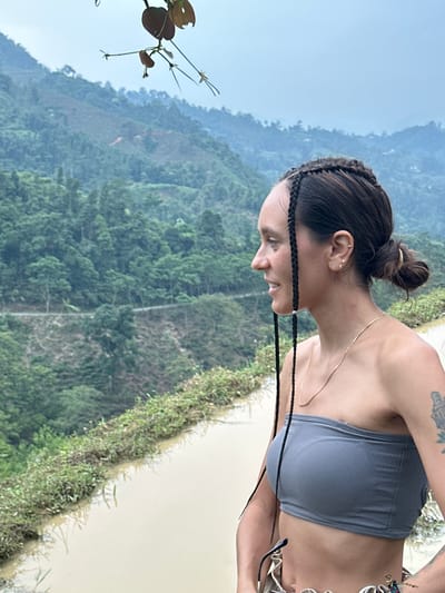 The image captures a profile view of a woman against a backdrop of verdant mountains and agricultural landscapes, specifically in Nậm Dịch Commune, Vietnam. The woman, positioned on the right side of the frame, is seen from the chest up, looking downwards with a serene expression that includes a subtle smile. She has dark hair styled in a bun at the back, with intricate braids adorning the sides of her head, from which two long, thin braids descend towards her chest. She wears small stud earrings, a delicate gold chain necklace, and a grey ribbed bandeau top. A tattoo is visible on her upper right arm, and multiple bracelets are on her right wrist.
The background showcases a vast expanse of lush, green mountains and hills under a clear, light blue sky, indicating daytime with bright weather. Below the woman, a narrow, light-colored body of water or flooded rice paddies stretches horizontally across the mid-ground, bordered by green, grassy banks. The overall setting suggests a rural, mountainous region known for its distinctive terraced fields. In the far left foreground, a small plant branch with dark leaves and tiny buds adds a natural element to the composition. No text is visible in the image.