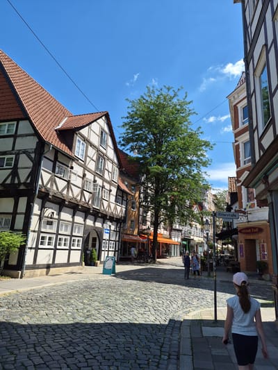 This media file captures a street scene in Brunswick, Germany, under a clear blue sky with scattered white clouds. The photograph is taken vertically, with the buildings and street angled. The architecture features traditional half-timbered houses with red-tiled roofs, characteristic of many German towns.
The scene depicts a pedestrian street paved with cobblestones. On the right side of the street, a woman wearing a light-colored shirt, dark shorts, and a pink cap is walking away from the camera. She is partially in shadow cast by an overhead structure. Further down the street, two other individuals are visible; one in a blue dress and another in a dark top and lighter pants.
In the foreground, a large green tree with dense foliage stands prominently. The buildings lining the street have numerous windows and some display signage. One sign visible on a building to the left reads "Altstadt Treff". Another sign further down the street, also on the left, indicates "Ritterstraße". The presence of awnings over some shopfronts suggests commercial activity. The lighting indicates it is daytime, likely mid-morning to afternoon, given the clear sky and pronounced shadows. The overall impression is a quiet, sunny day in a historic European town.