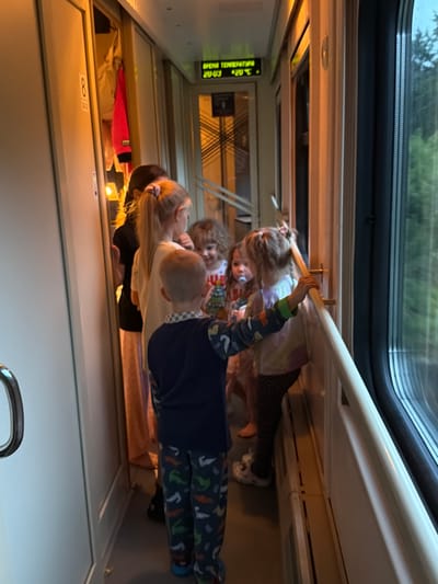 The image depicts the interior of a train compartment, likely in Troekurovo, Russia. A group of children and possibly an adult are standing or sitting near a window. The children appear to be of various ages, with one child in the foreground wearing pajamas with a dinosaur print. Another child, a girl with blonde hair in a ponytail, is holding onto a railing. The compartment has a narrow corridor with doors and luggage racks visible. A digital display board shows "ВРЕМЯ ТЕМПЕРАТУРА 20:03 +20°C", indicating the time and temperature. Outside the window, greenery is visible, suggesting a rural or suburban setting. The lighting suggests it is either early morning or evening. The overall scene conveys a sense of travel and familial gathering.