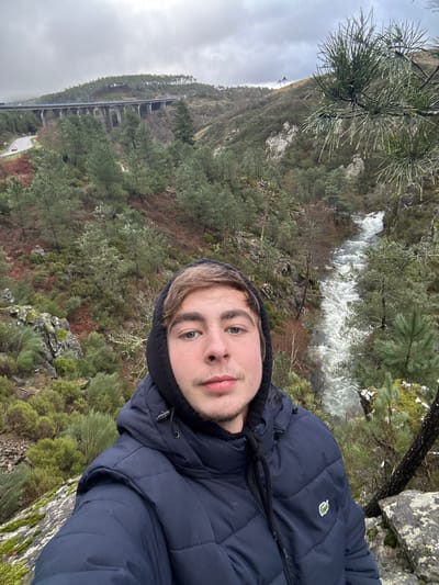 A young male, estimated late teens to early twenties, with light brown hair and short facial stubble, wears a dark blue hooded puffer jacket featuring a visible Lacoste logo on the left chest. His hood is up, framing his face, and he gazes directly into the camera with a neutral expression, indicating a selfie. The scene is an elevated perspective overlooking a mountainous river valley in Ribeira de Pena, Portugal, under an overcast sky. A swift-flowing river with white rapids occupies the valley floor, descending from the background towards the right. The valley slopes are densely vegetated with coniferous trees, predominantly pines, and various low-lying shrubs. In the upper-left background, a prominent multi-arched concrete viaduct, likely part of a highway, traverses the valley. Below the viaduct, a winding road with a light-colored vehicle is visible. Pine branches with water droplets are visible in the immediate foreground on the right. The person is positioned on a rocky, moss-covered outcrop.