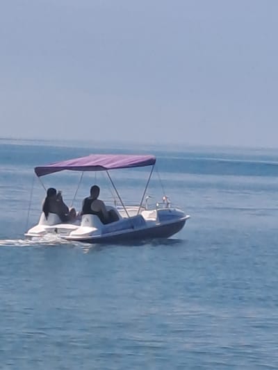 Two people are on a pedal boat in the sea, near the coast of Dzhubga, Russia. The boat has a purple canopy. The person in the back is wearing a black tank top, and the person in the front is wearing a dark swimsuit. The water is blue with gentle waves. The sky is clear and light blue.