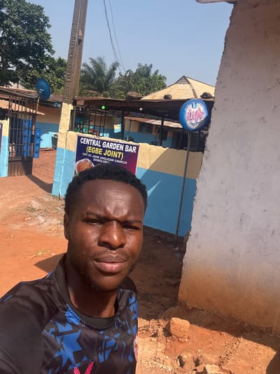 An outdoor scene in Ekwulobia, Aguata, Nigeria, depicts a dark-skinned adult male taking a selfie in the foreground. The male has short, dark hair, light facial stubble, and visible scars on his forehead, wearing a dark-patterned t-shirt with a red emblem. The setting is characterized by reddish-brown dirt ground under a clear blue sky.

In the midground, from left to right, a dark blue metal gate opens to a compound, with stacked blue plastic crates and a blue satellite dish visible near it. A utility pole marked "ZINGAS ELECTRO.NIG.LTD" stands prominently. Adjacent to this, a building with a light blue and yellow-cream painted lower facade features a large sign for "CENTRAL GARDEN BAR (EGBE JOINT)," specifying its location as "OPP. ST. JOHN ANGLICAN CHURCH EKWULOBIA" and displaying a food image. To the right of this structure, a blue circular "Life" beer sign on a pole is positioned next to a partially visible plain light-colored concrete wall. The background includes green trees and vegetation, notably palm trees, and a distant building with a multi-tiered, conical roof structure. Strong daylight illuminates the scene, creating distinct shadows.