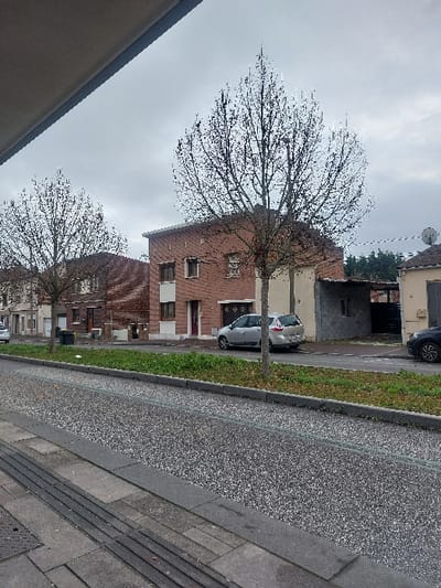 The image depicts an urban street scene in Sallaumines, France, under an overcast sky. In the foreground, a paved sidewalk with dark grey slabs features three parallel tactile warning strips and a metal utility grate on the left. This sidewalk is separated by a dark grey curb from a road section composed of grey asphalt embedded with white aggregate. A narrow strip of green grass, approximately 1-2 meters wide, acts as a median, hosting several bare deciduous trees.

In the midground, a silver five-door hatchback vehicle is parked facing left on a paved surface. Behind it, a two-story residential building of reddish-brown brick construction features multiple rectangular windows with dark frames and a dark front door. Adjacent to this brick building on the right is a single-story structure with a light beige or grey facade and a darker roof. Further right, a portion of a dark-colored SUV is visible, parked on the street. On the far right, a section of a light-colored residential building with a brown roof and a white satellite dish is present. Additional brick residential structures are visible further down the street on the left. No individuals, animals, or active movement are observed.