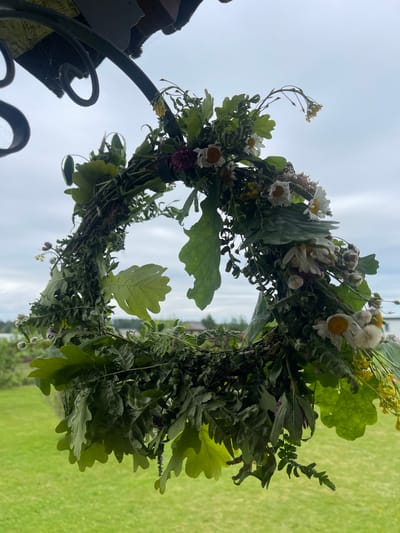 This image depicts a floral wreath made of various green leaves and white and yellow wildflowers, including daisies and oak leaves. The wreath is suspended from a black metal structure, possibly a fence or gate. In the background, the sky is overcast with a hint of light breaking through, suggesting either early morning or late afternoon. Beyond the sky, a blurred green field stretches into the distance, with hints of trees and a body of water visible on the horizon. The overall impression is one of a natural, outdoor setting, likely a garden or rural landscape in Zaķumuiža, Latvia, given the location context. The wreath itself appears to be a handcrafted item, possibly for a celebration or as a decorative piece. The lighting suggests a mild, possibly humid day, typical of the Latvian summer. There are no people or visible text in the image.