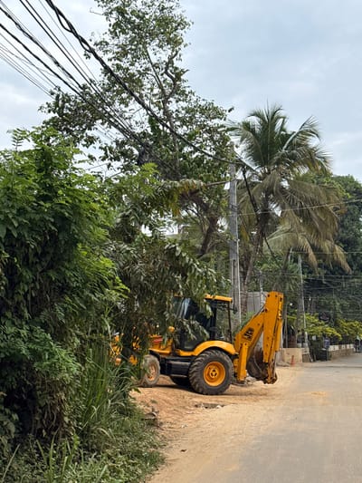 A yellow JCB backhoe loader sits on a road's edge next to dense green foliage. The loader's arm is extended upward. A utility pole, draped with numerous electrical wires, runs parallel to the road and is partially obscured by a tall tree. A palm tree is visible in the background under a cloudy sky. The road's surface shows signs of wear and tear.