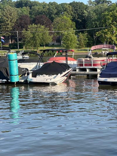 A medium shot shows a fleet of boats docked on the water. The boats are a variety of sizes and styles, including a pontoon boat and several speedboats. Some of the boats are covered with tarps, while others are open. The water is calm and reflects the sunlight. In the background, there is a line of trees and houses. The scene appears to be set in a residential area on a lake or river. The location is the Fox River in Algonquin, Illinois.