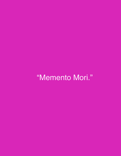 The image is a solid magenta background with the white text "Memento Mori." centered on it. There is no visible location in Grodzisk Wielkopolski, Poland, nor are there any people, subjects, objects, or actions depicted. The description is solely based on the visual elements present in the image itself.