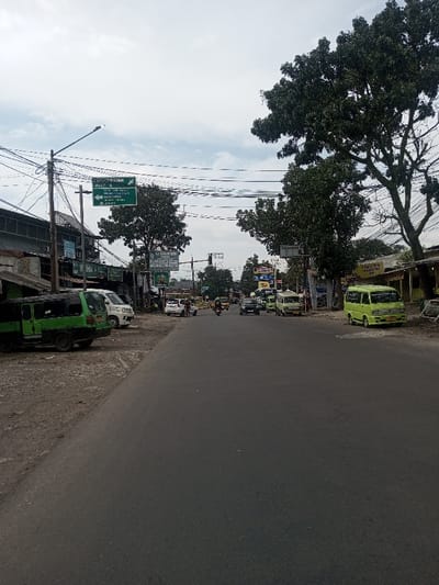 The image presents a street scene in Chhenangri_Rishor, Bhutan, captured on an overcast day. A two-lane asphalt road extends from the foreground into the distance, with unpaved shoulders flanking both sides.
On the left side, a dirt shoulder features a dark green van and a white van parked near the curb. Behind them, a series of low-rise buildings with various architectural styles and visible power lines define the street edge. A tall utility pole with multiple cross-arms and numerous bundled wires stands prominently, supporting a green directional sign with white, non-English text, including references to "AKADEMIK" and "HOTEL." A white sedan is also partially visible further down the street on this side.
On the right side, a bright green van is parked on an unpaved area. Further along, a white building bears a sign with blue lettering reading "TOKO MANDIRI." Large, mature trees with dense green foliage line this side of the road, partially obscuring buildings behind them.
The road itself shows moderate vehicle traffic in the mid-ground, including several small vans (some green, white, and yellow), cars, and motorcycles. Two individuals are visible riding a motorcycle away from the viewer. Other indistinct figures are present near vehicles and buildings throughout the scene. The overall environment is a commercial or mixed-use thoroughfare with overhead utility infrastructure.