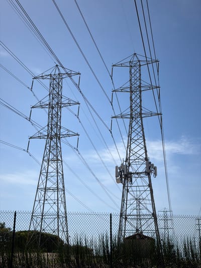 The image depicts two large steel lattice electricity transmission towers against a clear blue sky in Redondo Beach, United States of America. Multiple high-voltage power lines traverse the upper sections of both towers and extend horizontally beyond the frame. The transmission tower on the right side features cellular communication antennas and associated equipment boxes mounted midway up its structure. In the foreground, a chain-link fence extends horizontally across the lower portion of the image, backed by dense, dark green, reedy vegetation that partially obscures the ground. A small, light-brown utility shed or equipment enclosure is visible at the base of the right tower, behind the fence and partially hidden by the vegetation. Additional, smaller transmission structures are faintly visible in the distant background. No individuals are present in the static scene.