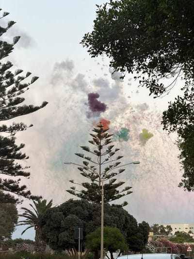 The image depicts a view of the sky above Xagħra, Malta, with colorful smoke plumes dispersed amongst the clouds. Silhouetted against the sky are the branches of coniferous trees on the left and right, and a tall, slender pine tree in the center. A street light is visible on a pole in front of the central pine. Below the trees, there is dense green foliage, a palm tree, and in the background, buildings and flowering shrubs are partially visible. The sky is overcast with scattered clouds.