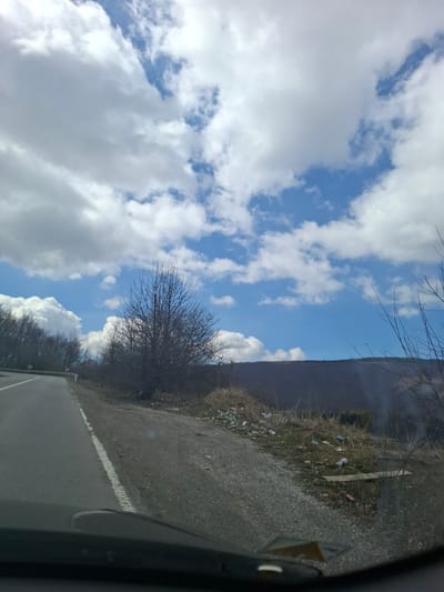 The image shows a road view from inside a vehicle in Gintsi, Bulgaria. A cloudy blue sky is visible to the left. To the right of the road is a grassy embankment, with litter scattered along it. A treeline extends into the distance. A portion of the vehicle's interior is visible in the lower-right corner.