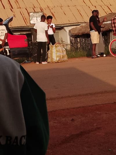 The image depicts a street scene in Agwala, Nigeria, with several individuals gathered around a vehicle and a building. In the foreground, a person is partially visible, wearing a grey and green garment with the word "BACK" printed on it. To the left, a red vehicle's trunk is open, and a person in a white t-shirt with text is standing beside it.

In the middle ground, two men and a woman are interacting. One man wears a white t-shirt and dark pants, while the other wears a black t-shirt and light-colored shorts. The woman is in a white t-shirt and dark pants, holding a mobile phone. Behind them, a large, striped bag is placed on the ground. The building in the background features a corrugated iron roof and a thatched section. A sign above a doorway reads "VINTAGE TAVERN."

Further to the right, another individual is seen wearing a plaid shirt, with a bicycle with red rims visible. The ground is paved with asphalt, and a dirt path is present on the right side of the image. The overall lighting suggests it is either early morning or late afternoon.