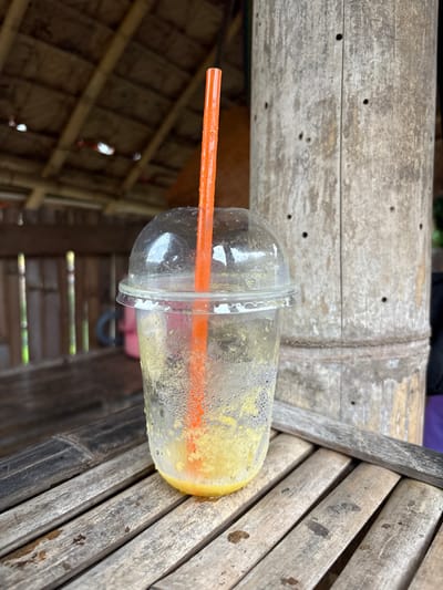 A clear plastic cup, containing a small amount of yellow-orange liquid residue and an orange plastic straw, rests on a weathered slatted bamboo surface. The transparent cup exhibits external condensation and internal residue splatter. A translucent dome lid with a central opening for the straw covers the cup. To the right, a large, vertical bamboo support post displays multiple small, circular perforations and signs of weathering. In the blurred background, a structure constructed from bamboo and wood is visible, featuring a slatted roof and additional vertical supports. No individuals are present in the scene. The scene is situated in the city of Ban Paem Bok, Thailand.