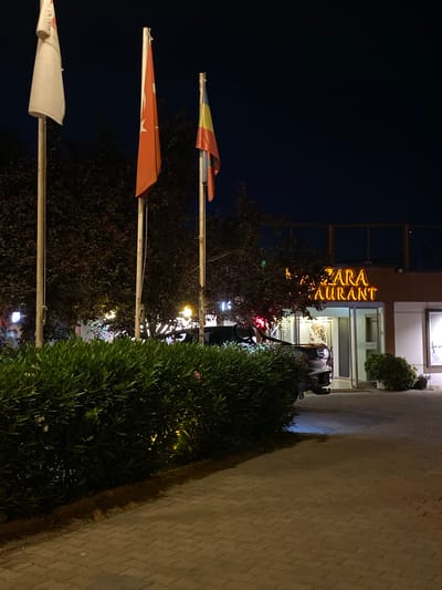The image depicts a nighttime scene outside a restaurant in Bakırköy, Turkey. Three flags are visible on flagpoles in front of a building. The leftmost flag is white with some red markings. The middle flag is red with a white star and crescent. The rightmost flag is a tricolor of blue, yellow, and red. Behind the flags, trees with dark foliage are present, with some areas illuminated by warm yellow lights.
A prominent neon sign above the entrance of the building reads "ZARA RESTAURANT" in glowing orange letters. The restaurant has a glass facade with double doors and interior lighting. To the left of the entrance, a dark-colored SUV is parked. A well-maintained green hedge runs along the foreground, separating the paved walkway from the building and parking area. The walkway is made of light-colored rectangular pavers. The overall environment appears to be an urban setting, possibly a commercial district, at night.