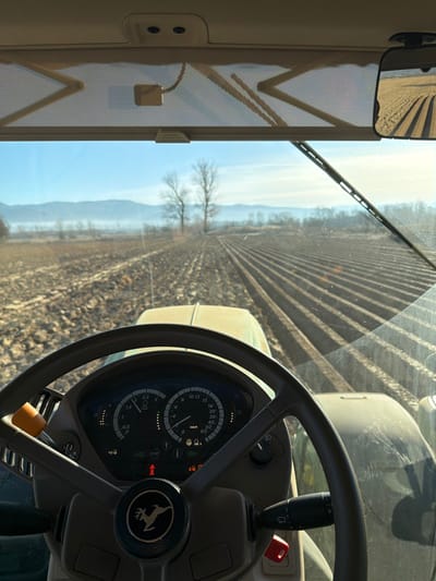 The image presents a first-person view from the interior of an agricultural tractor operating in a field near Mosomishte, Bulgaria. In the foreground, the dark grey steering wheel, adorned with a silver deer silhouette logo, dominates the lower center. Behind it, the dashboard instrument cluster is visible, featuring a speedometer indicating 'km/h' and an RPM gauge, along with multiple illuminated warning lights, including a red "STOP" symbol and an orange hazard light icon. To the right of the steering wheel, a control stalk is partially visible.
Through the clear windshield, a vast, tilled agricultural field extends into the distance. The field is characterized by numerous distinct, parallel furrows of dark brown earth, indicative of recent plowing or cultivation. To the left side of the field, the terrain appears more unevenly tilled. In the mid-distance, two prominent, bare deciduous trees stand, with a line of smaller, similar trees forming a distant treeline. A band of low-lying mist or fog partially obscures the base of distant hills or mountains, which are visible against a pale blue sky. A single black windshield wiper arm is angled across the upper right portion of the windshield, and a small rearview mirror reflects an extension of the tilled field. The overhead cab interior, including a sun visor and light fixture, is visible at the top of the frame. No individuals are visible.