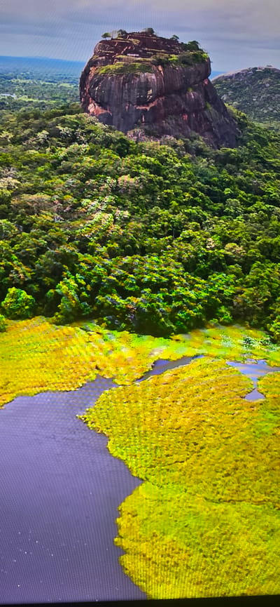 The image depicts an aerial view of a large, rocky inselberg covered in ancient ruins, surrounded by dense green jungle. In the foreground, there are patches of vibrant yellow-green vegetation interspersed with dark blue water. The inselberg, a prominent natural formation, rises dramatically from the lush landscape, with the remnants of a structure visible at its summit. The environment appears to be tropical, characterized by abundant vegetation and a humid atmosphere. The scene is devoid of any human presence or activity, focusing solely on the natural and historical elements of the landscape. The location is not in Lippstadt, Germany.
