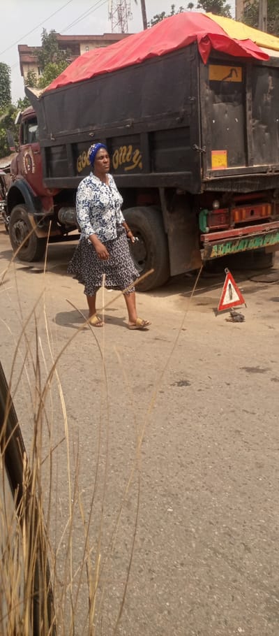 This image depicts a street scene in Awkuzu, Nigeria, under bright daylight. An adult female is walking from left to right in the mid-ground. She wears a white and blue floral long-sleeved shirt, a dark patterned skirt, a blue headwrap, and light brown sandals. Her right hand holds a dark, small object. Her shadow is cast on the asphalt road behind her.
A large, dark-colored truck with a reddish-brown cab is parked to the right and behind the woman. Its open-top cargo bed is covered by a red tarp, with a section of yellow tarp visible towards the rear. Yellow lettering on the truck's side reads "GOOD ONLY," and a yellow decal depicting a bird is present further back on the cargo bed. The truck's rear bumper features red and green paint.
On the asphalt surface near the truck's rear, a red-bordered white triangular hazard sign is standing upright. The asphalt road shows some dark stains. In the foreground, to the left, dry, light brown grasses are prominently visible, partially obscuring the lower portion of the scene.
In the background, behind the truck and sparse green foliage, a multi-story brown building with visible white windows stands. Further to the left, a communications tower rises above other structures.