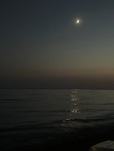 The image depicts a serene nighttime scene of the Black Sea coast in Gagra, Abkhazia. A sliver of the crescent moon is visible in the dusky sky, casting a faint glow. The water is calm, with gentle waves lapping at the shore. A shimmering reflection of the moon can be seen on the water's surface. The overall ambiance is peaceful and tranquil. The location is the coast of Gagra, Abkhazia.